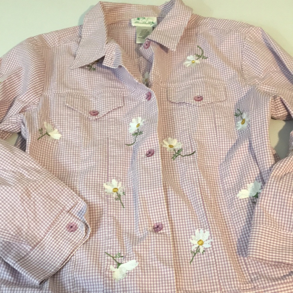 SZ L Quacker Factory Daisy Top,Lavender/WhiteCheck Embellished-Daisies!Button Up